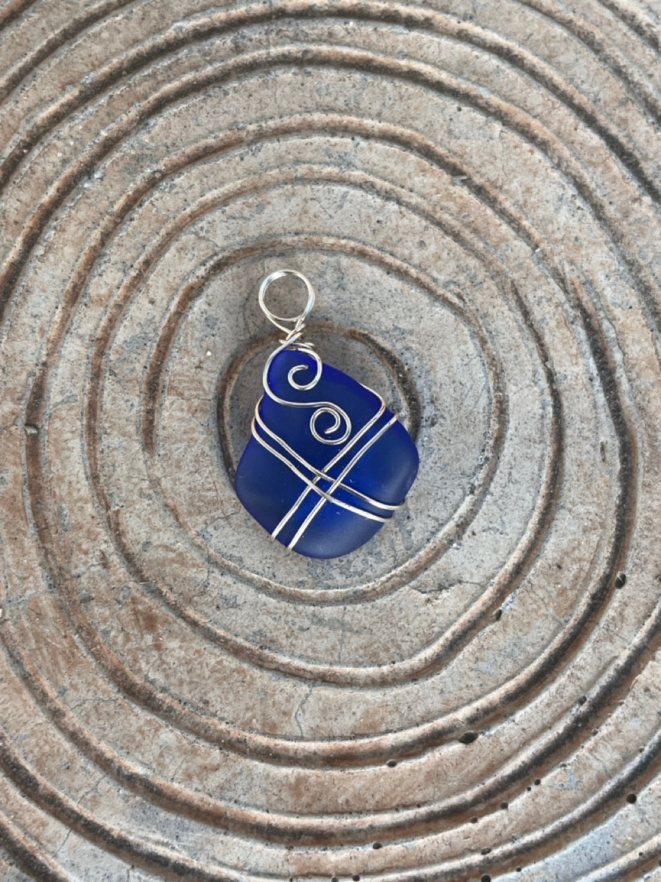 Deep Ocean Blue Wire Wrapped Sea Glass Pendant