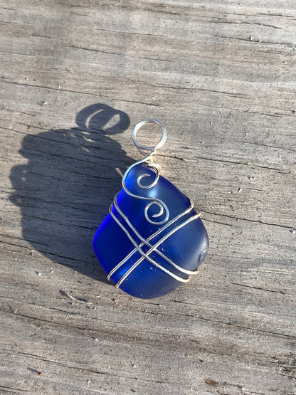 Deep Ocean Blue Wire Wrapped Sea Glass Pendant