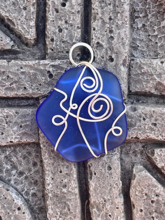 Ocean Blue Wire Wrapped Sea Glass Pendant