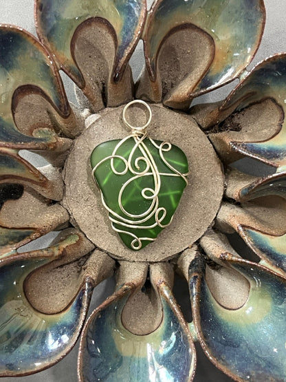 Forest Green Wire Wrapped Seaglass Necklace Pendant