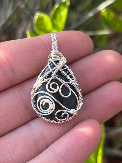 Black Onyx Silver Wrapped Teardrop Pendant