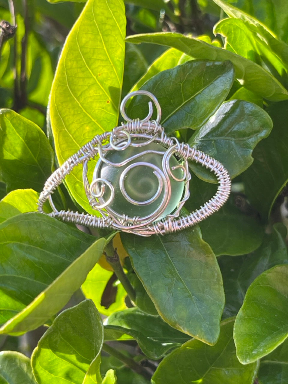 Silver Wire Wrapped Seaglass Eye Amulet