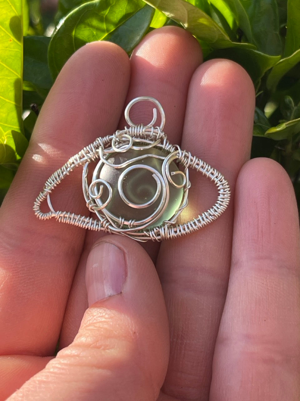 Silver Wire Wrapped Seaglass Eye Amulet