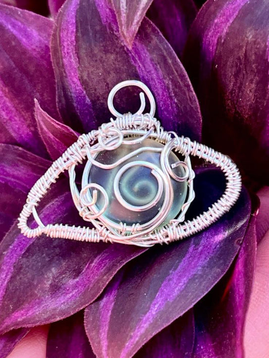 Silver Wire Wrapped Seaglass Eye Amulet