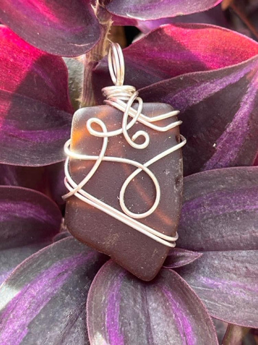 Brown Wire Wrapped Sea Glass Pendant