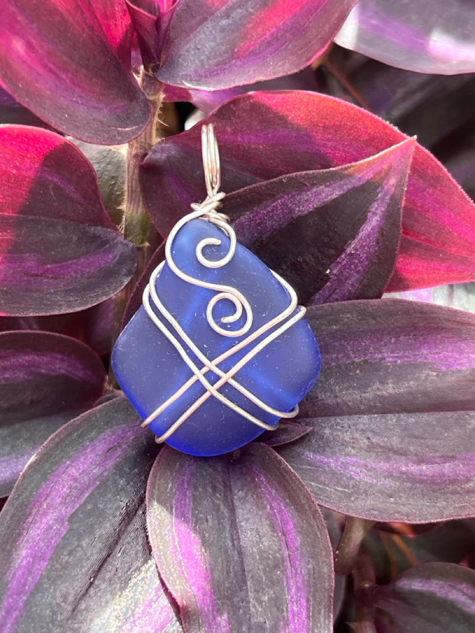 Deep Ocean Blue Wire Wrapped Sea Glass Pendant