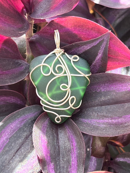 Forest Green Wire Wrapped Seaglass Necklace Pendant