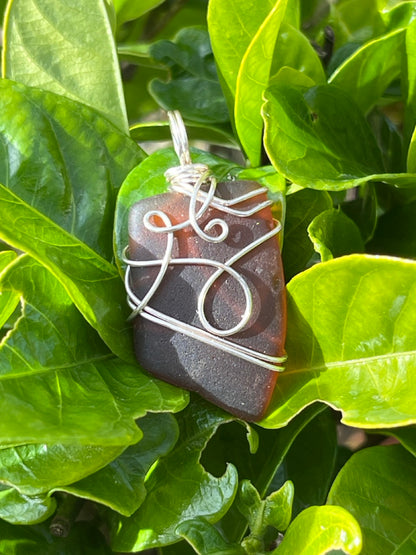 Brown Wire Wrapped Sea Glass Pendant