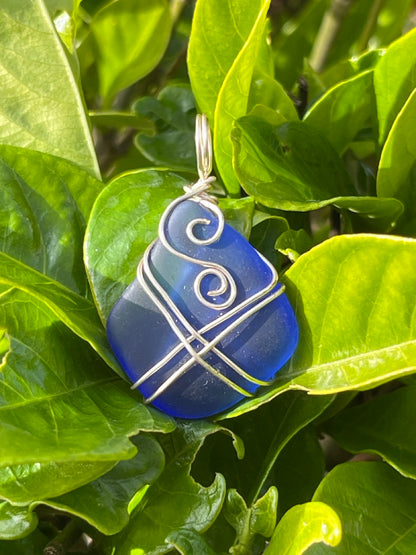 Deep Ocean Blue Wire Wrapped Sea Glass Pendant