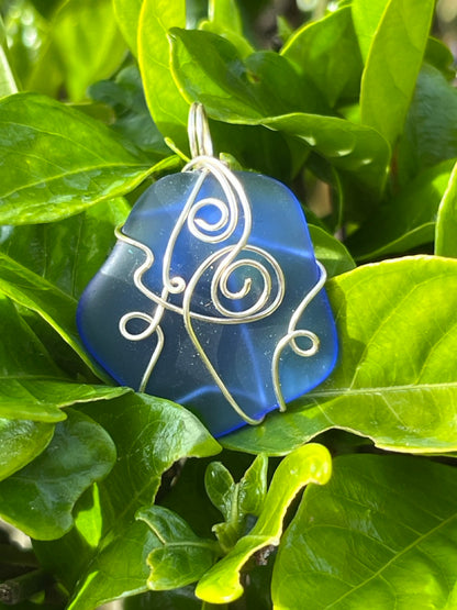 Ocean Blue Wire Wrapped Sea Glass Pendant