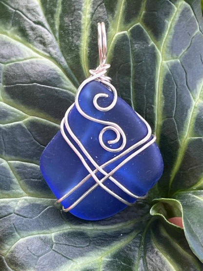 Deep Ocean Blue Wire Wrapped Sea Glass Pendant