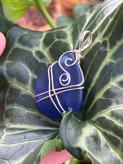 Deep Ocean Blue Wire Wrapped Sea Glass Pendant