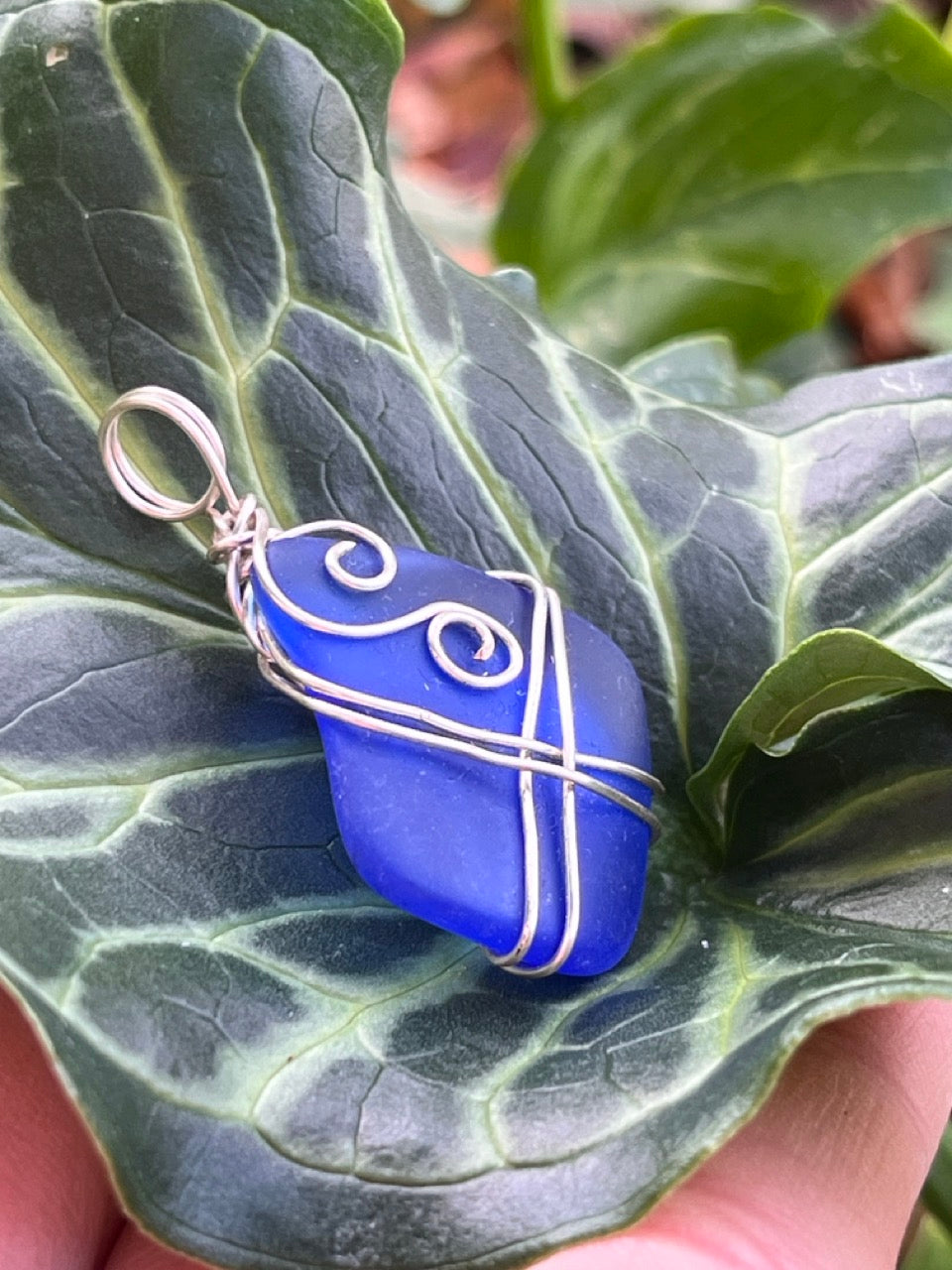 Deep Ocean Blue Wire Wrapped Sea Glass Pendant