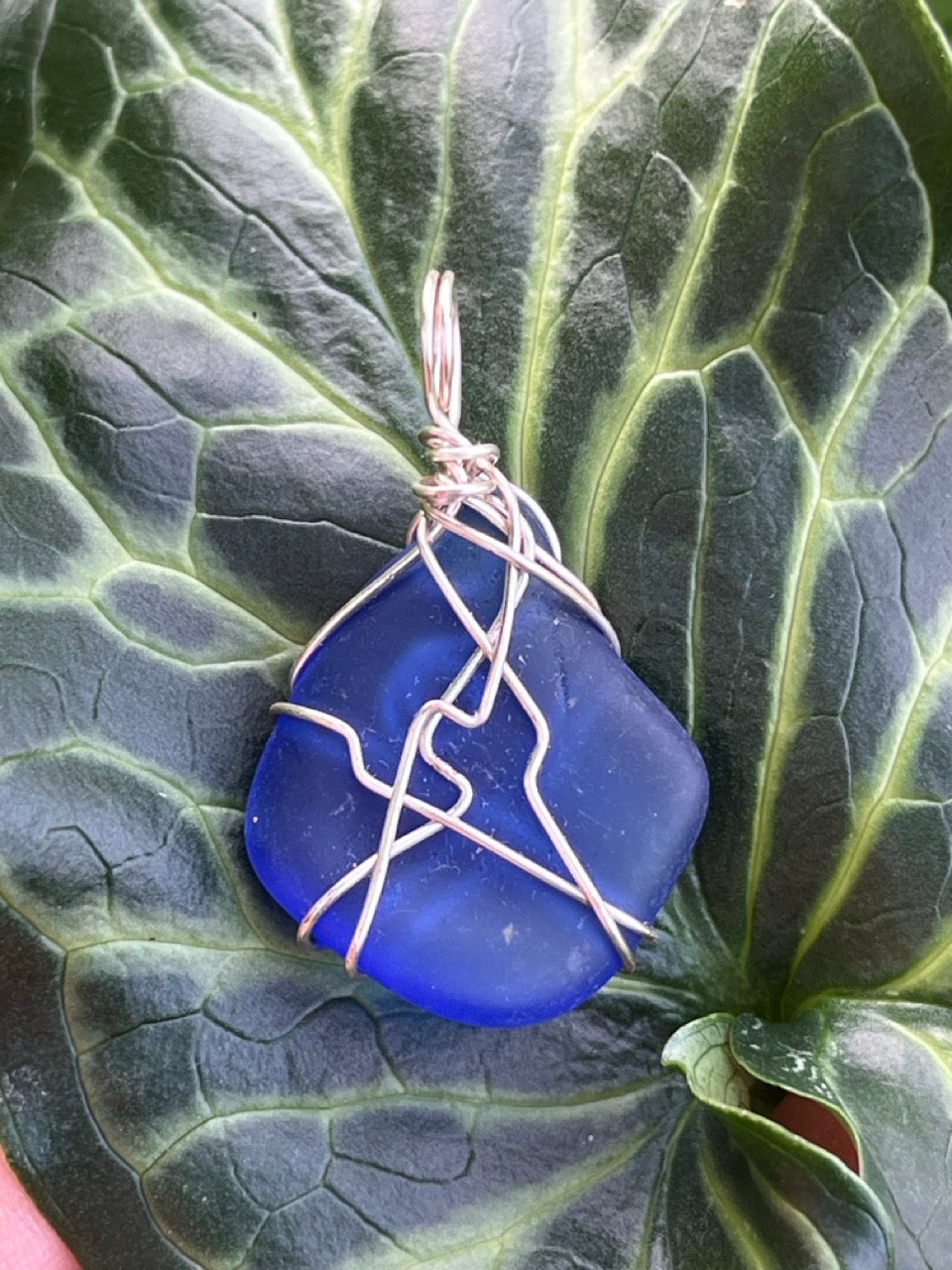 Deep Ocean Blue Wire Wrapped Sea Glass Pendant