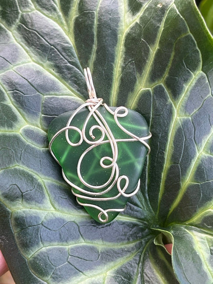 Forest Green Wire Wrapped Seaglass Necklace Pendant