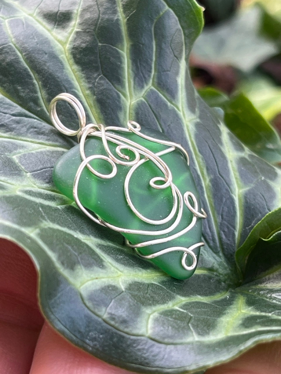 Forest Green Wire Wrapped Seaglass Necklace Pendant