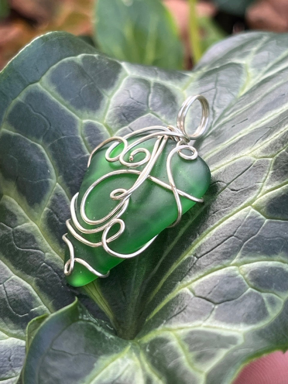 Forest Green Wire Wrapped Seaglass Necklace Pendant