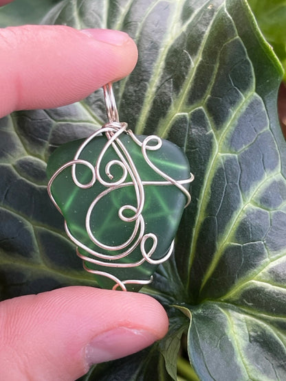 Forest Green Wire Wrapped Seaglass Necklace Pendant