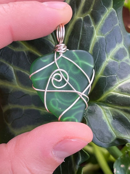 Forest Green Wire Wrapped Seaglass Necklace Pendant