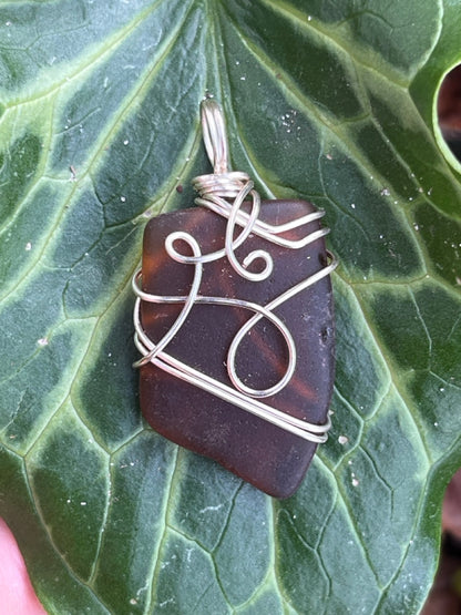 Brown Wire Wrapped Sea Glass Pendant