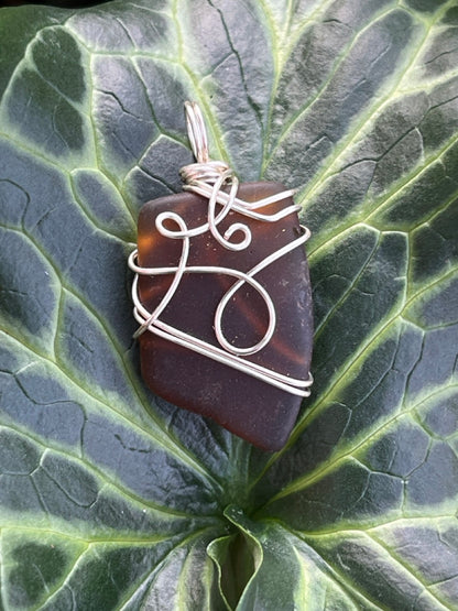 Brown Wire Wrapped Sea Glass Pendant