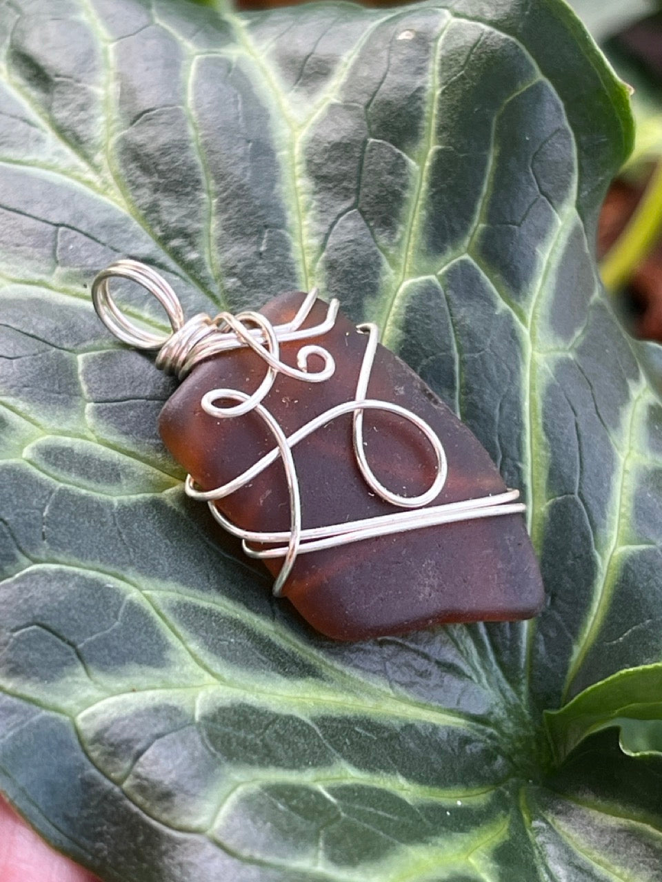 Brown Wire Wrapped Sea Glass Pendant