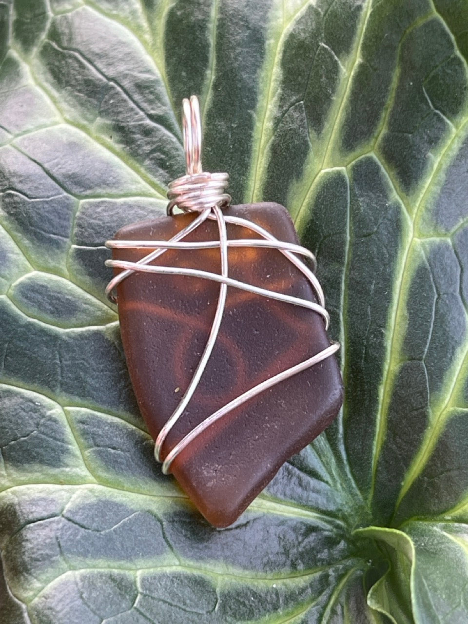 Brown Wire Wrapped Sea Glass Pendant