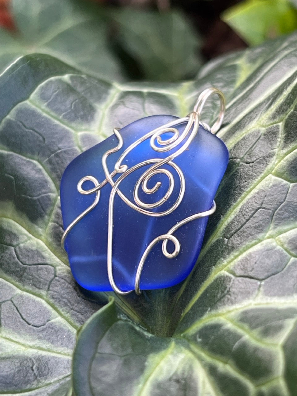 Ocean Blue Wire Wrapped Sea Glass Pendant