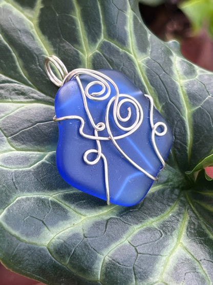 Ocean Blue Wire Wrapped Sea Glass Pendant