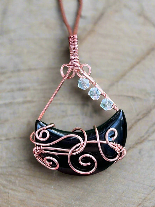 Copper Wrapped Black Onyx Crescent Moon Pendant