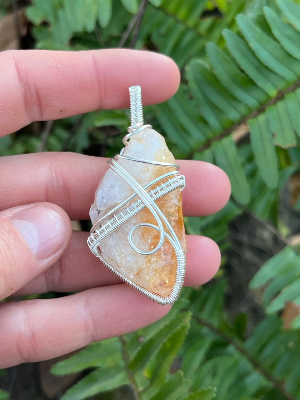 Raw Citrine Quartz Crystal Silver Wrapped Amulet