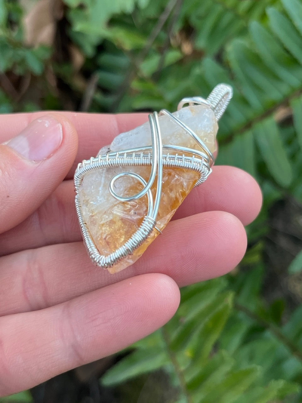 Raw Citrine Quartz Crystal Silver Wrapped Amulet