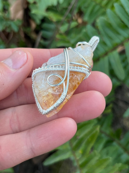 Raw Citrine Quartz Crystal Silver Wrapped Amulet