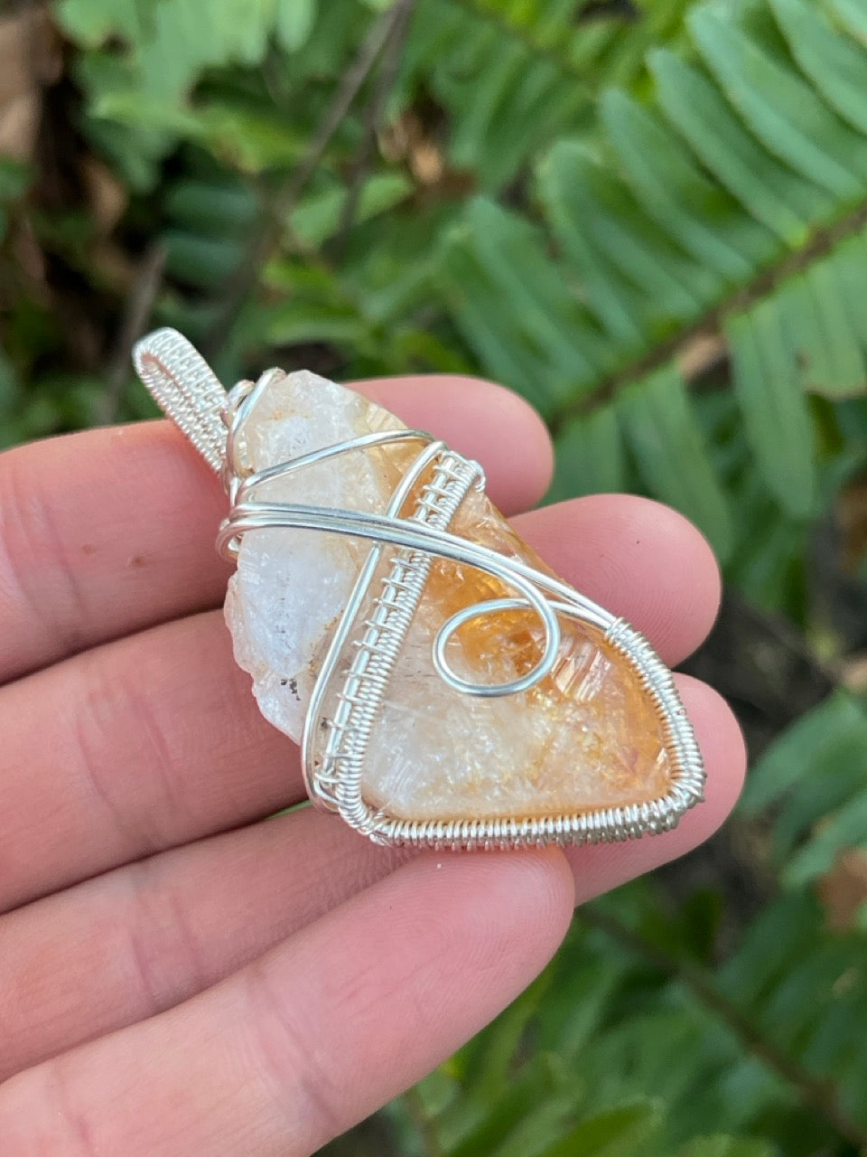 Raw Citrine Quartz Crystal Silver Wrapped Amulet