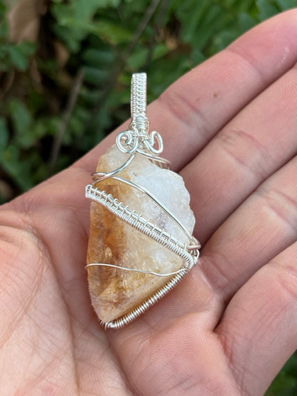 Raw Citrine Quartz Crystal Silver Wrapped Amulet