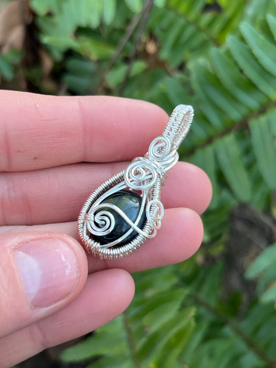 Blue Tiger's Eye Stone Silver Wire Wrapped Necklace Pendant