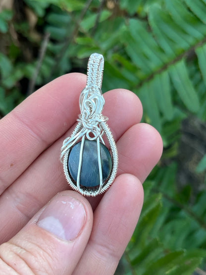 Blue Tiger's Eye Stone Silver Wire Wrapped Necklace Pendant