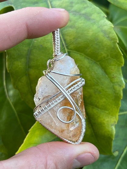 Raw Citrine Quartz Crystal Silver Wrapped Amulet