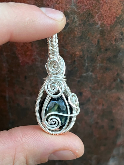 Blue Tiger's Eye Stone Silver Wire Wrapped Necklace Pendant