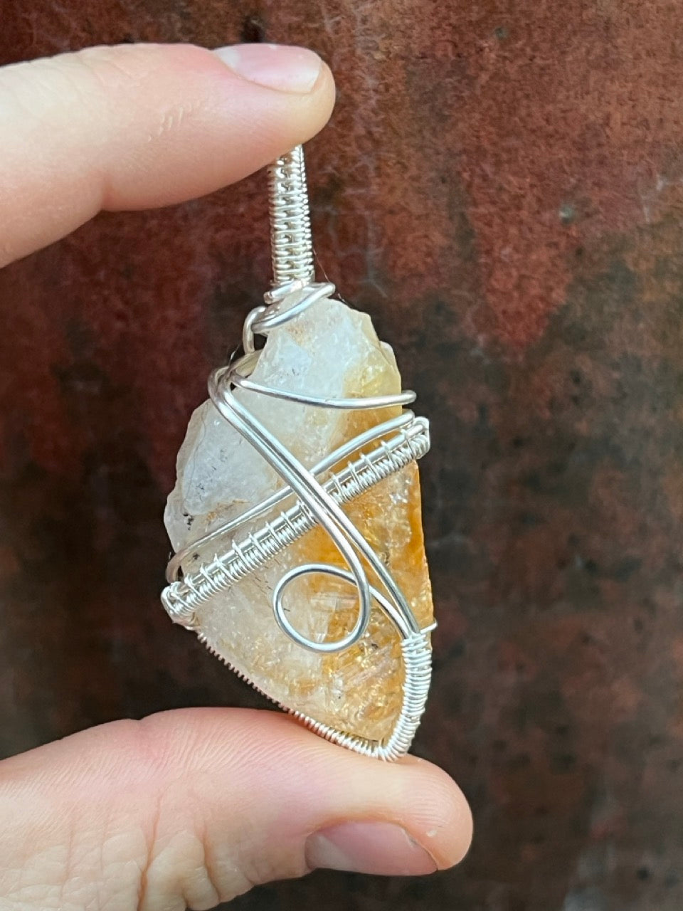 Raw Citrine Quartz Crystal Silver Wrapped Amulet