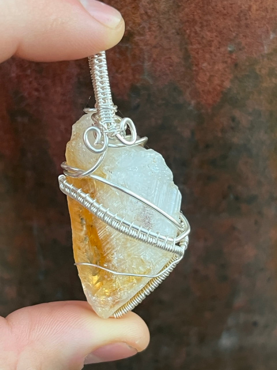 Raw Citrine Quartz Crystal Silver Wrapped Amulet