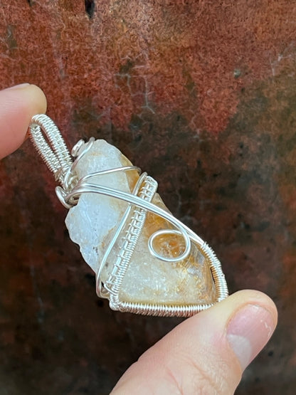 Raw Citrine Quartz Crystal Silver Wrapped Amulet