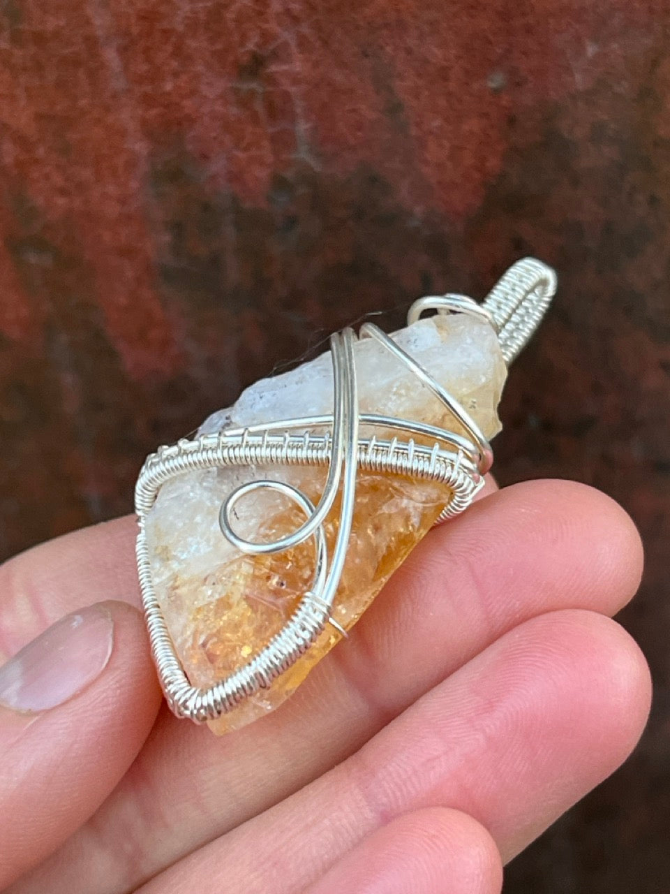 Raw Citrine Quartz Crystal Silver Wrapped Amulet