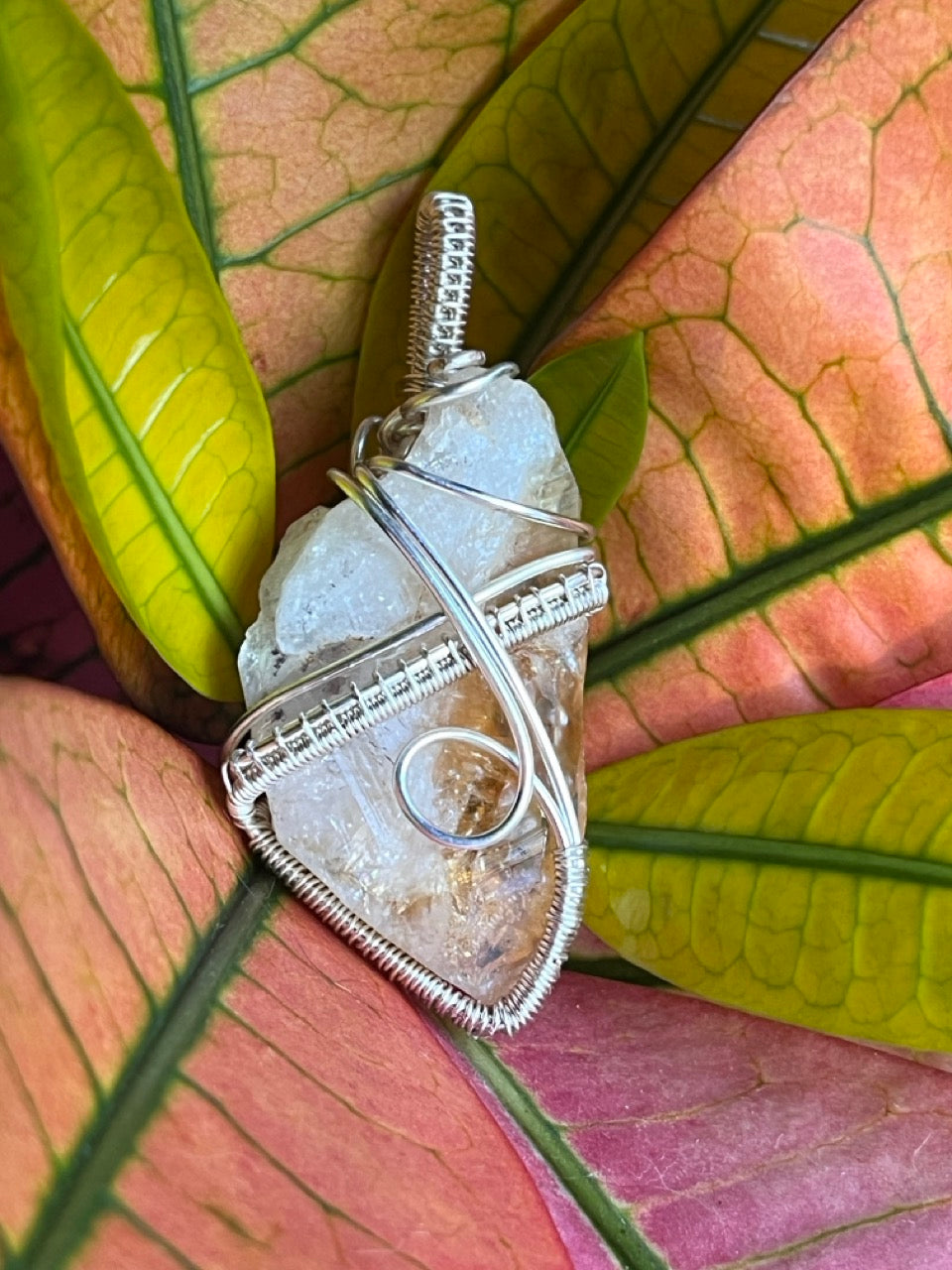 Raw Citrine Quartz Crystal Silver Wrapped Amulet