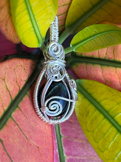 Blue Tiger's Eye Stone Silver Wire Wrapped Necklace Pendant