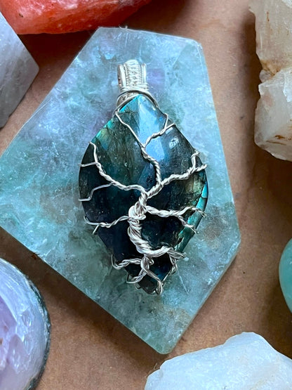 Tree of Life Silver Wrapped Labradorite Amulet