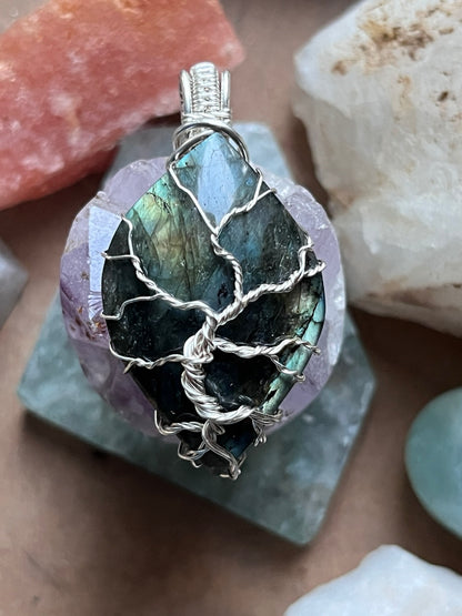 Tree of Life Silver Wrapped Labradorite Amulet