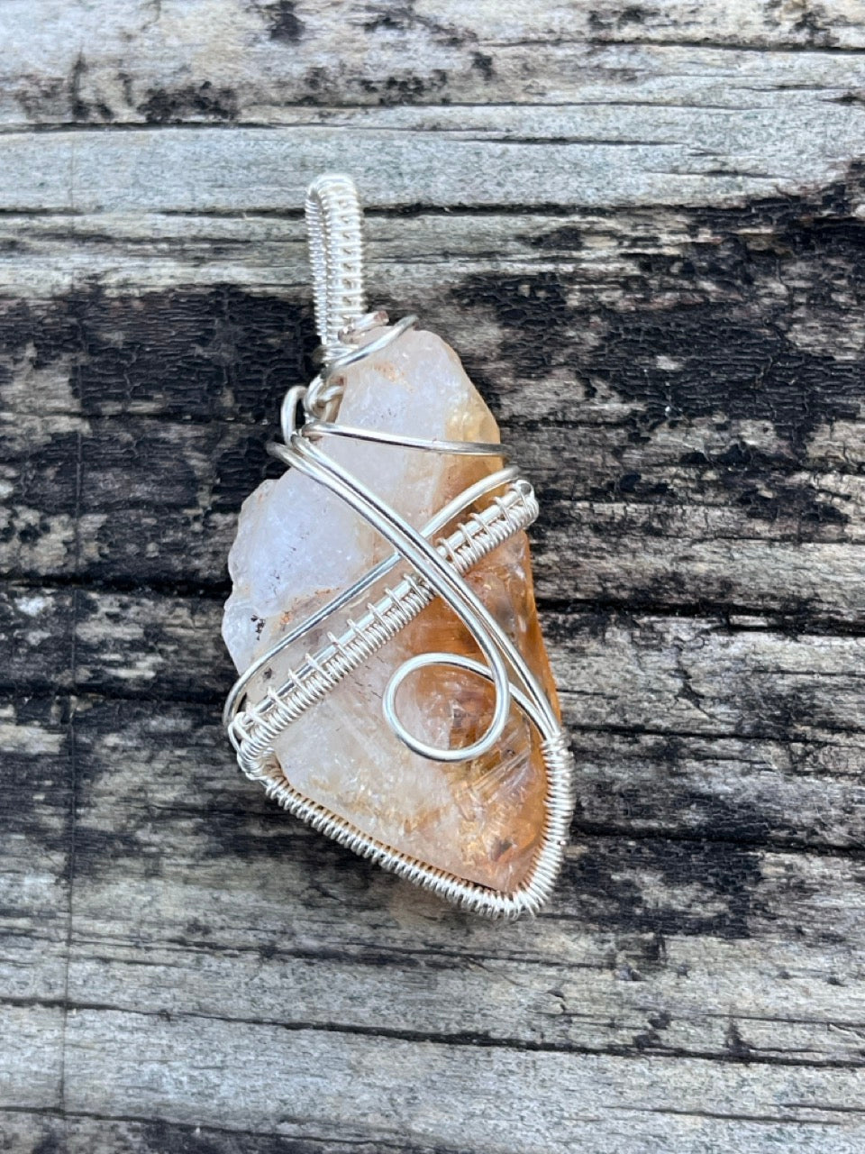 Raw Citrine Quartz Crystal Silver Wrapped Amulet