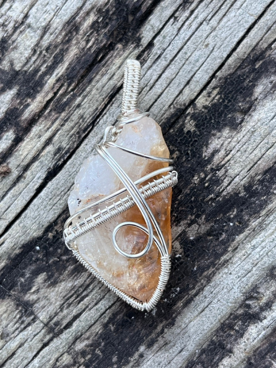 Raw Citrine Quartz Crystal Silver Wrapped Amulet