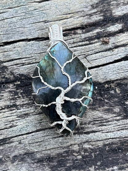 Tree of Life Silver Wrapped Labradorite Amulet